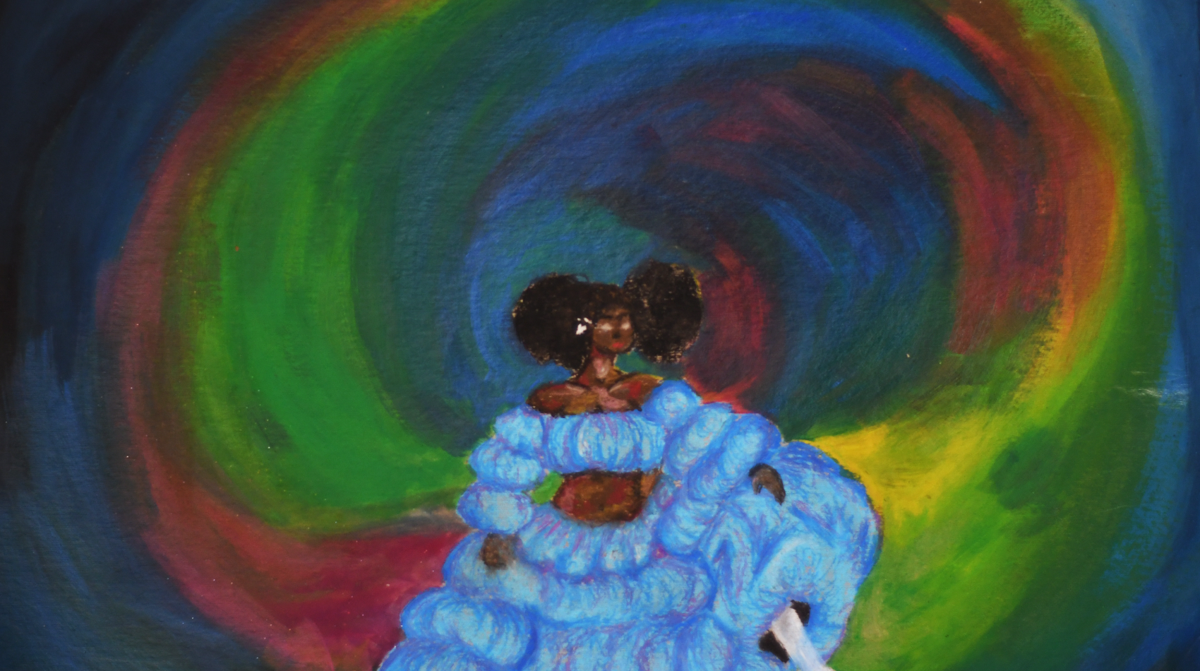 Student artwork of a woman with a technicolor background.